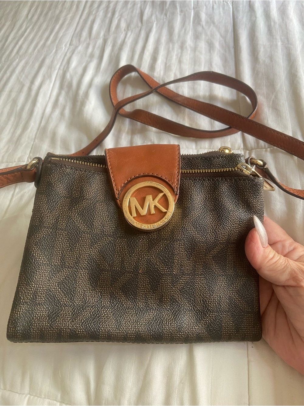Michael Kors Brown and Tan MK Logo Crossbody Bag